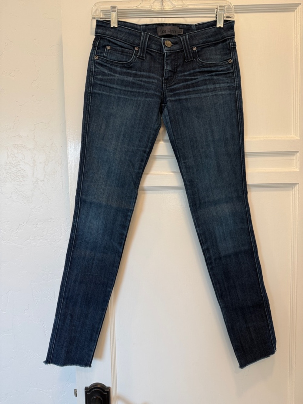 Frankie B. Dark Indigo Skinny Jeans with Frayed Hem